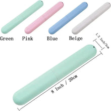 Pastel travel toothbrush cases, mint green, pink, blue, and beige tubes