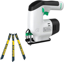 Black+Decker cordless jigsaw with 3 blades, green/black handle and blade clamp