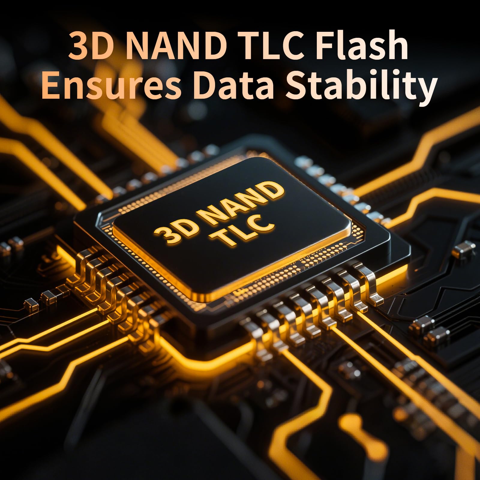 Close-up of 3D NAND TLC chip on circuit board highlighting data stability for 2TB SSD SATA III internal hard drive
