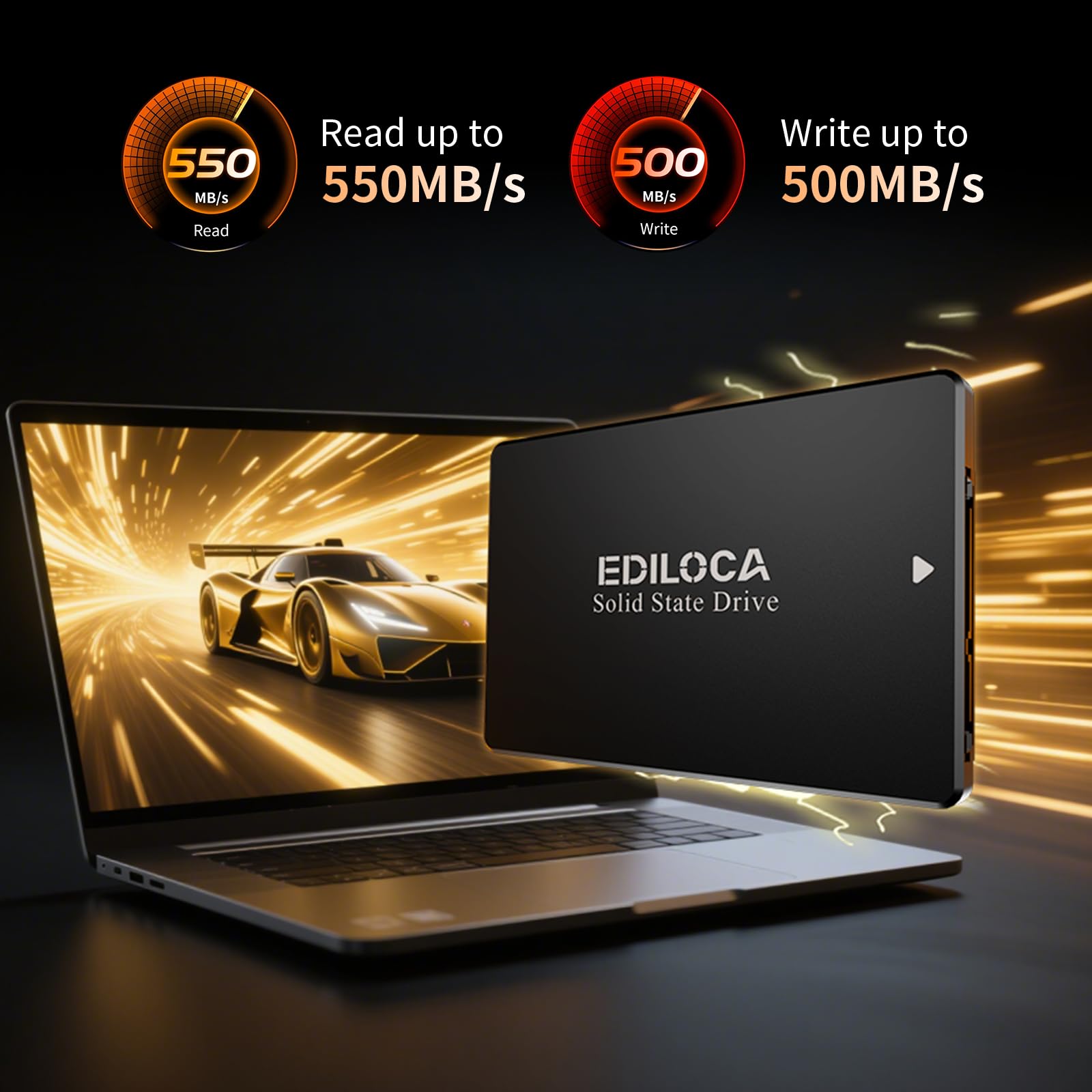 Ediloca 2TB SSD SATA III internal hard drive showing read speed 550MBs and write speed 500MBs with laptop and racing car graphics