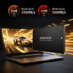 Ediloca 2TB SSD SATA III internal hard drive showing read speed 550MBs and write speed 500MBs with laptop and racing car graphics