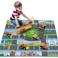 Child playing with Huitich educational construction vehicle toys set on city road play mat