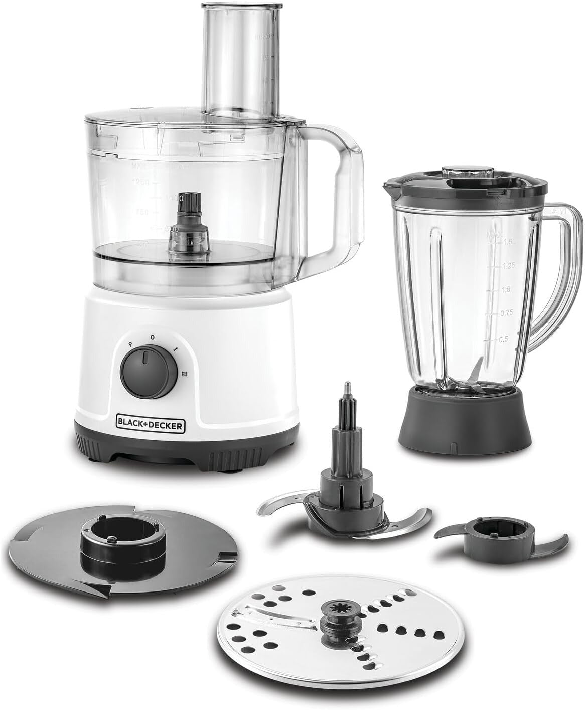 BLACK+DECKER Food Processor, 800W, 24 Functions with 2L Bowl, 1.5L Blender Jar, Stainless Steel Slicing, Shredding Disc, Chopper Blade, Dough Maker, Whisk, 2-Speed Control with Pulse – White, FX822-B5
