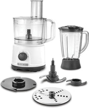 White food processor with 2L bowl, 1.5L blender jar, slicing and shredding discs