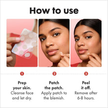 How-to-use card showing three steps and beige hydrocolloid pimple patches on skin