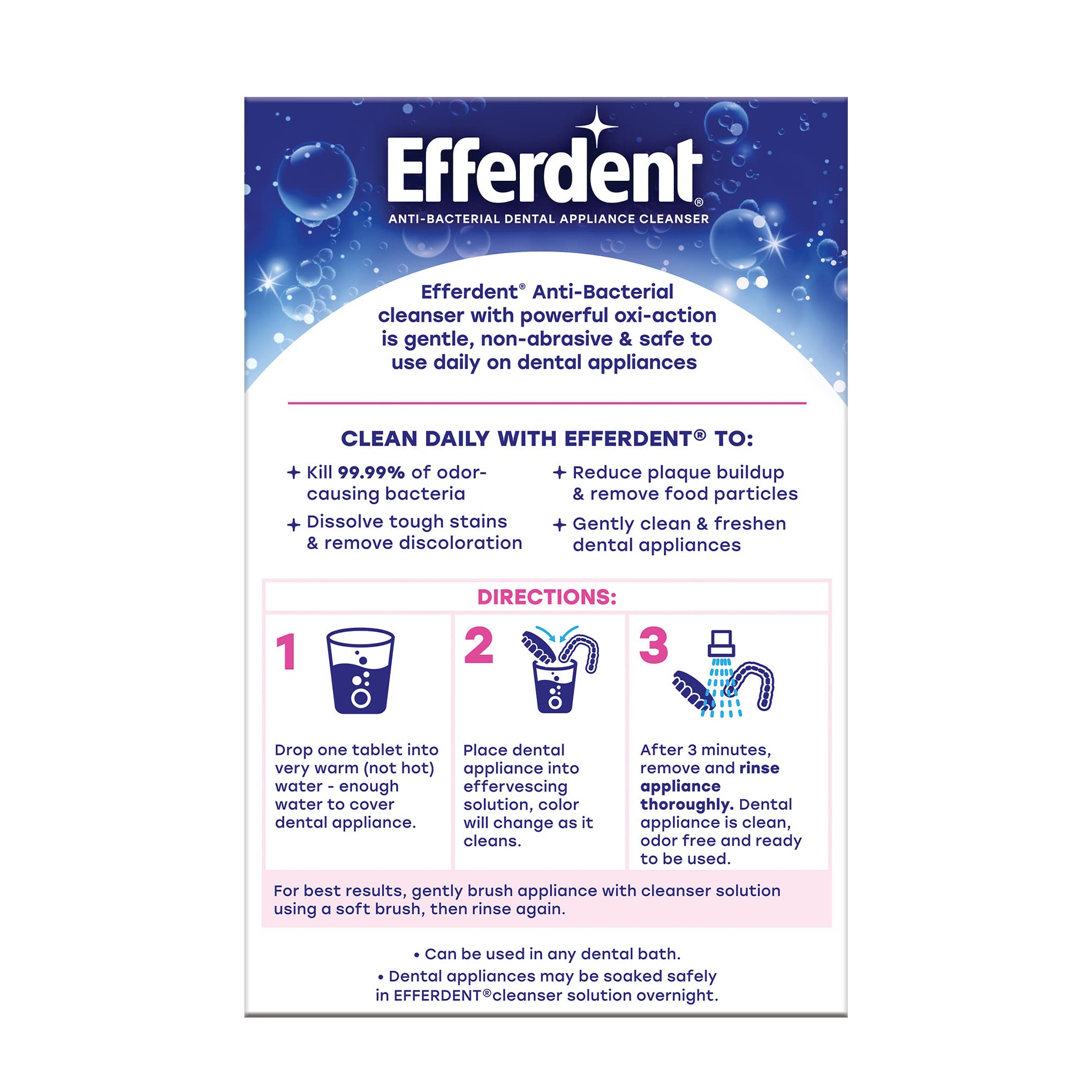Efferdent denture cleanser tablets box label showing antibacterial dental appliance cleanser benefits and three step directions