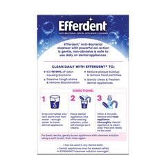 Efferdent denture cleanser tablets box label showing antibacterial dental appliance cleanser benefits and three step directions
