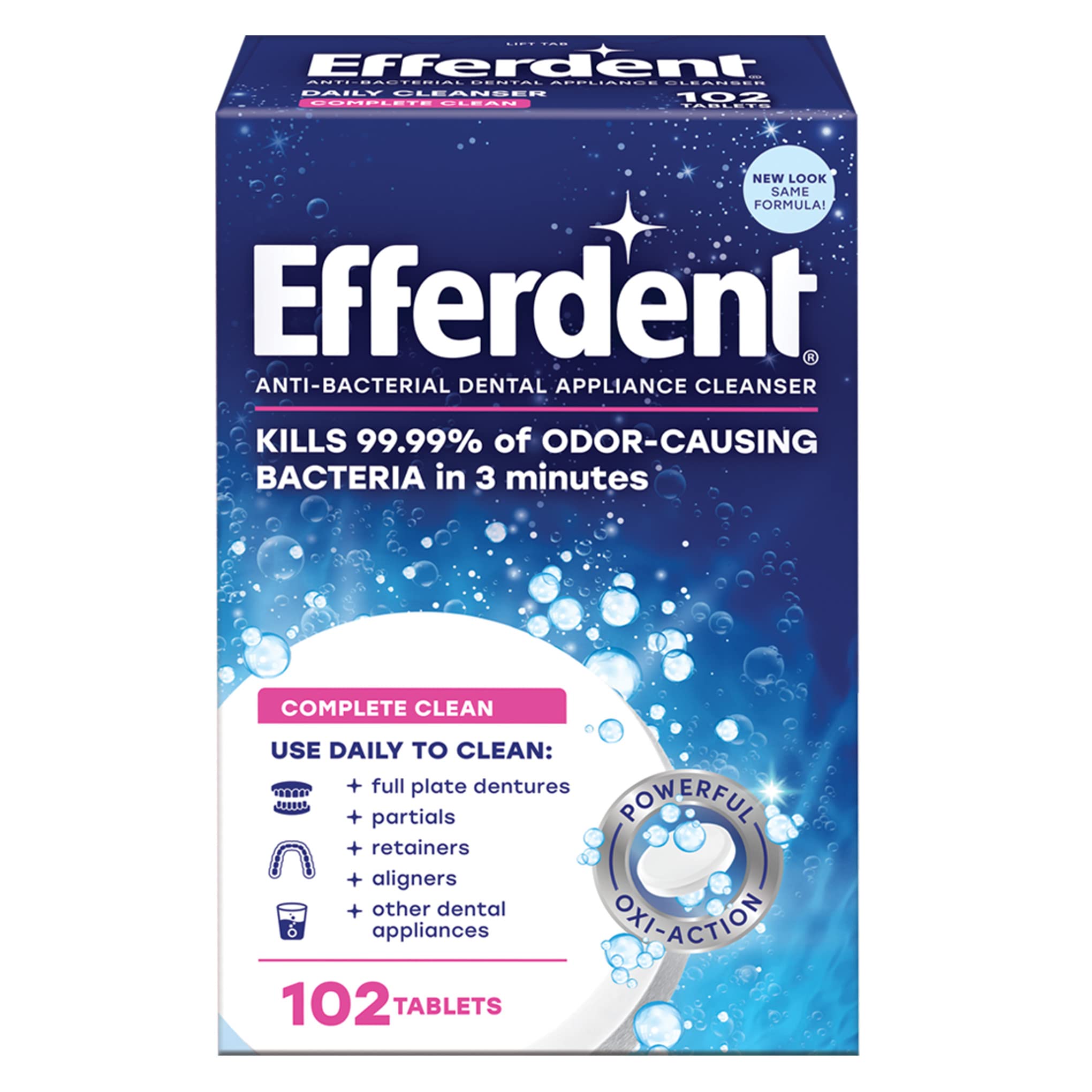 Box of Efferdent denture cleanser tablets 102 antibacterial dental appliance cleaner kills over 99 percent odor causing bacteria