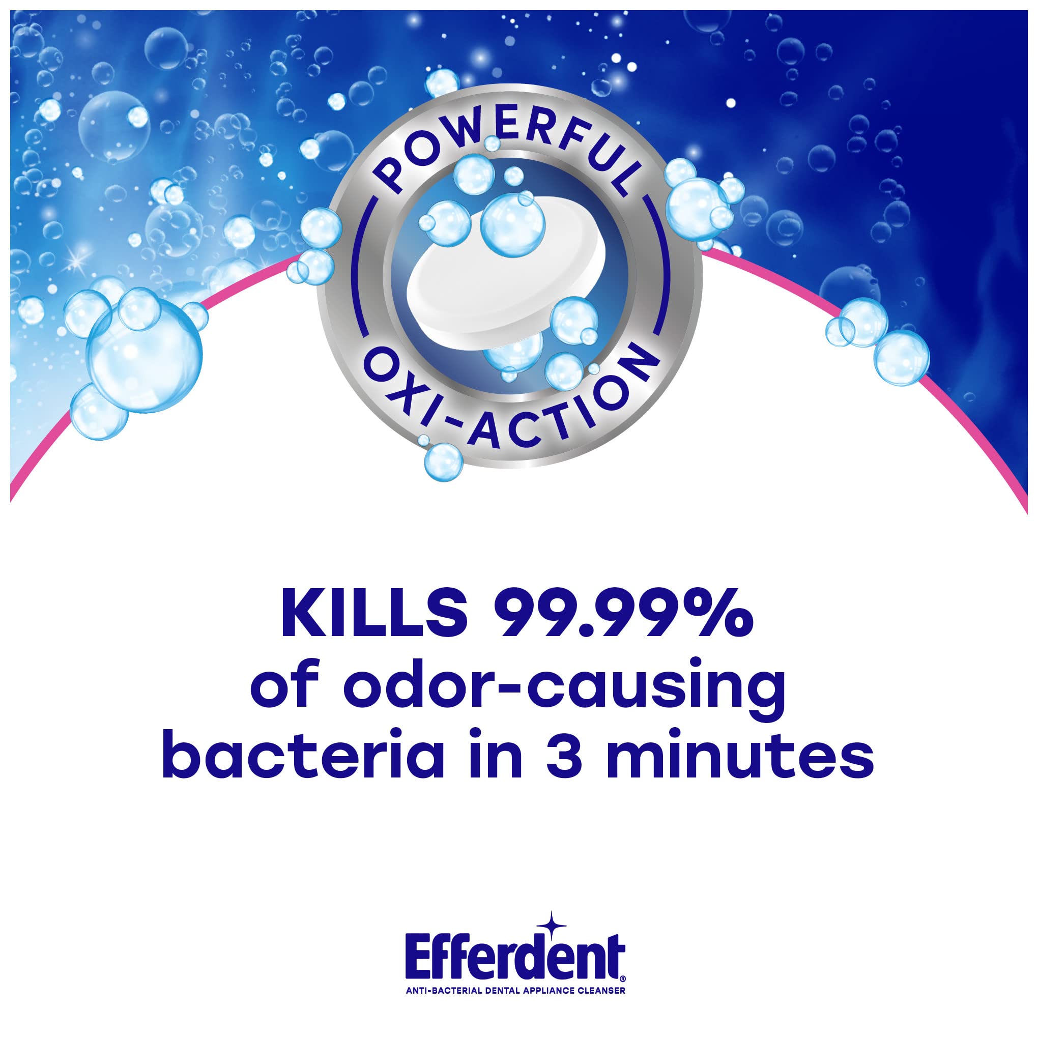 Efferdent denture cleanser tablets showing Oxi Action badge and claim kills 99.99 percent of odor causing bacteria in 3 min