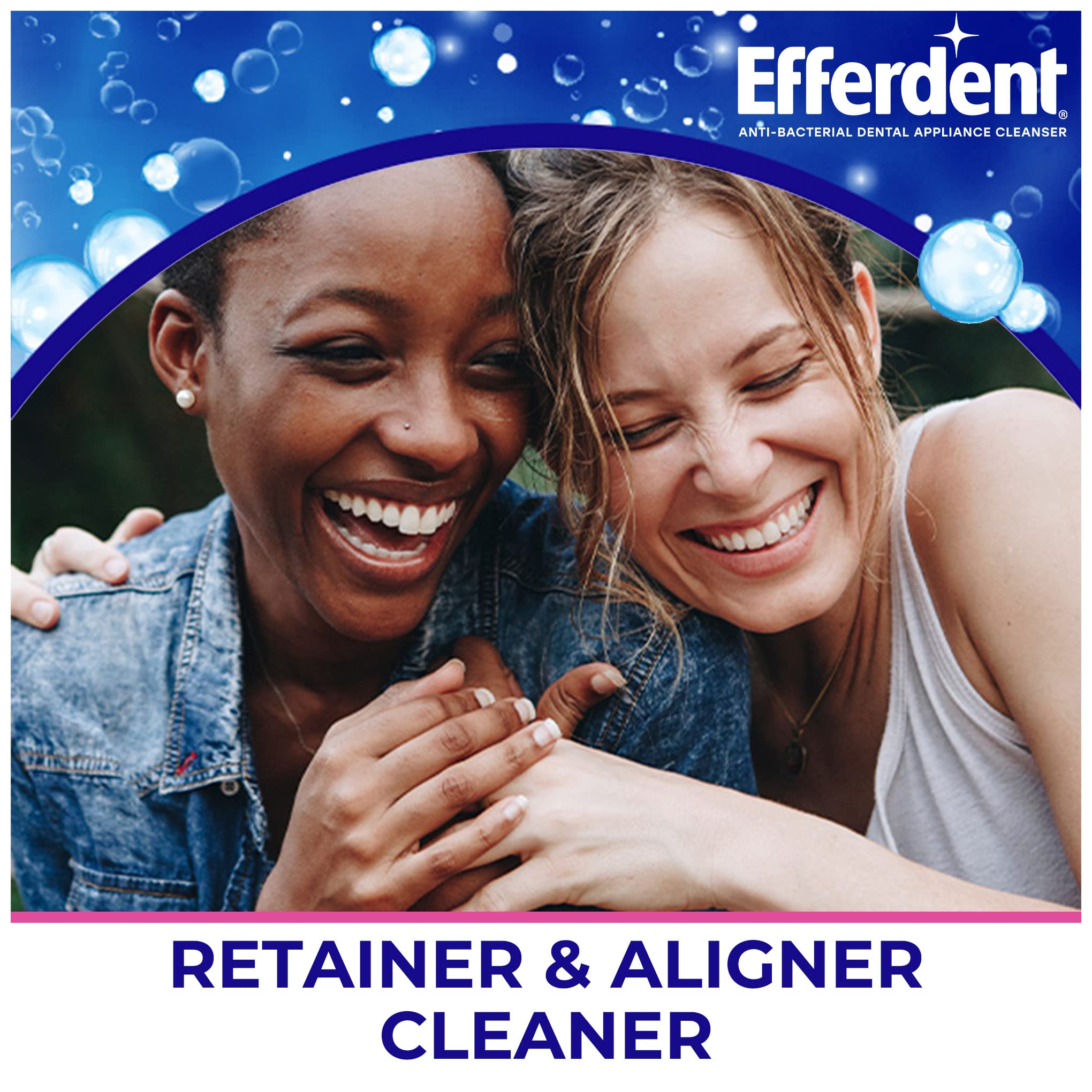 Efferdent denture cleanser tablets packaging showing smiling friends and retainer and aligner cleaner branding