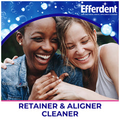 Efferdent denture cleanser tablets packaging showing smiling friends and retainer and aligner cleaner branding