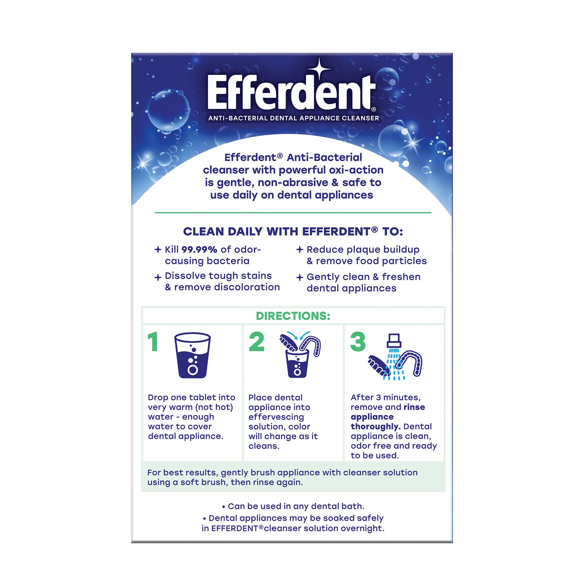 Efferdent mint fresh dental cleaner package back label with directions benefits and daily denture care info