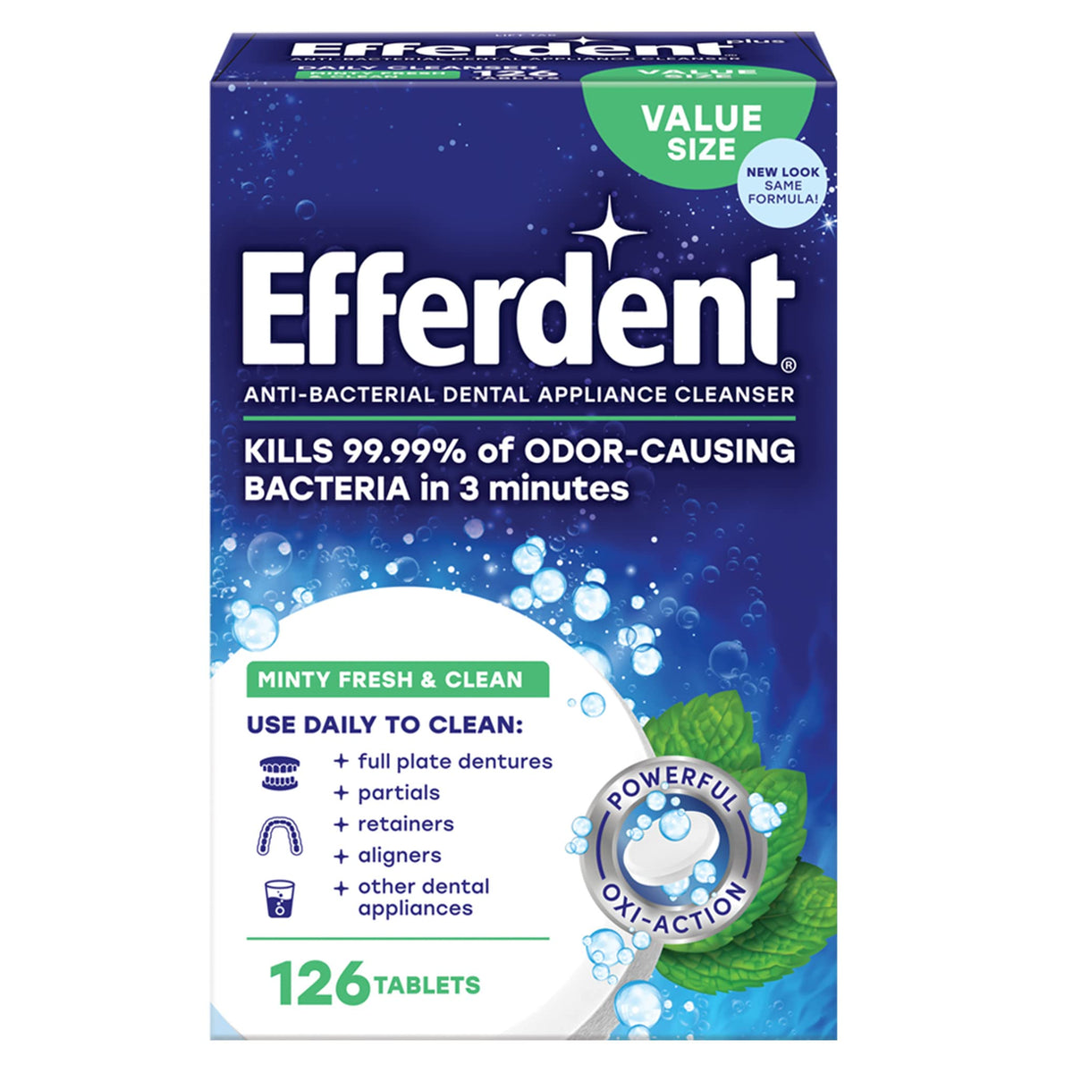 Efferdent mint fresh dental cleaner value size 126 tablets box for denture and retainer cleaning