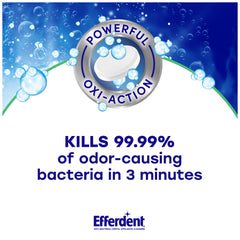 Efferdent mint fresh dental cleaner showing Oxi Action seal and kills 99.99 percent of odor causing bacteria in 3 minutes