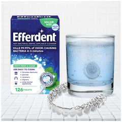 Box of Efferdent mint fresh dental cleaner with effervescing tablet in glass and clear dental tray