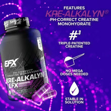 Creatine supplement bottle with black cap, Kre-Alkalyn features panel and check mark