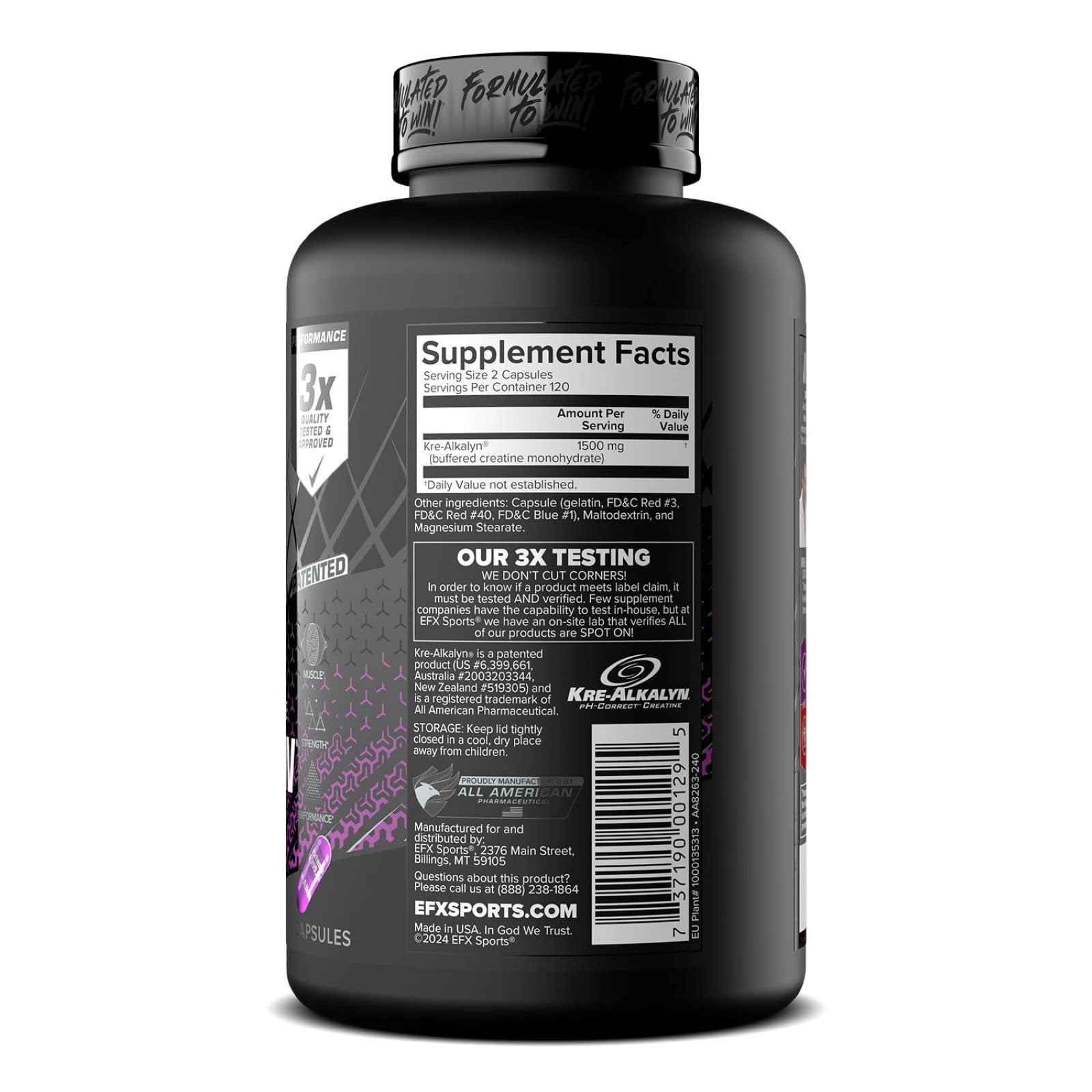 EFX Sports Kre Alkalyn Creatine Capsules in a black bottle with supplement facts listed on the back