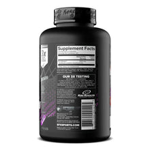 Creatine supplement bottle with black cap, Supplement Facts label on back