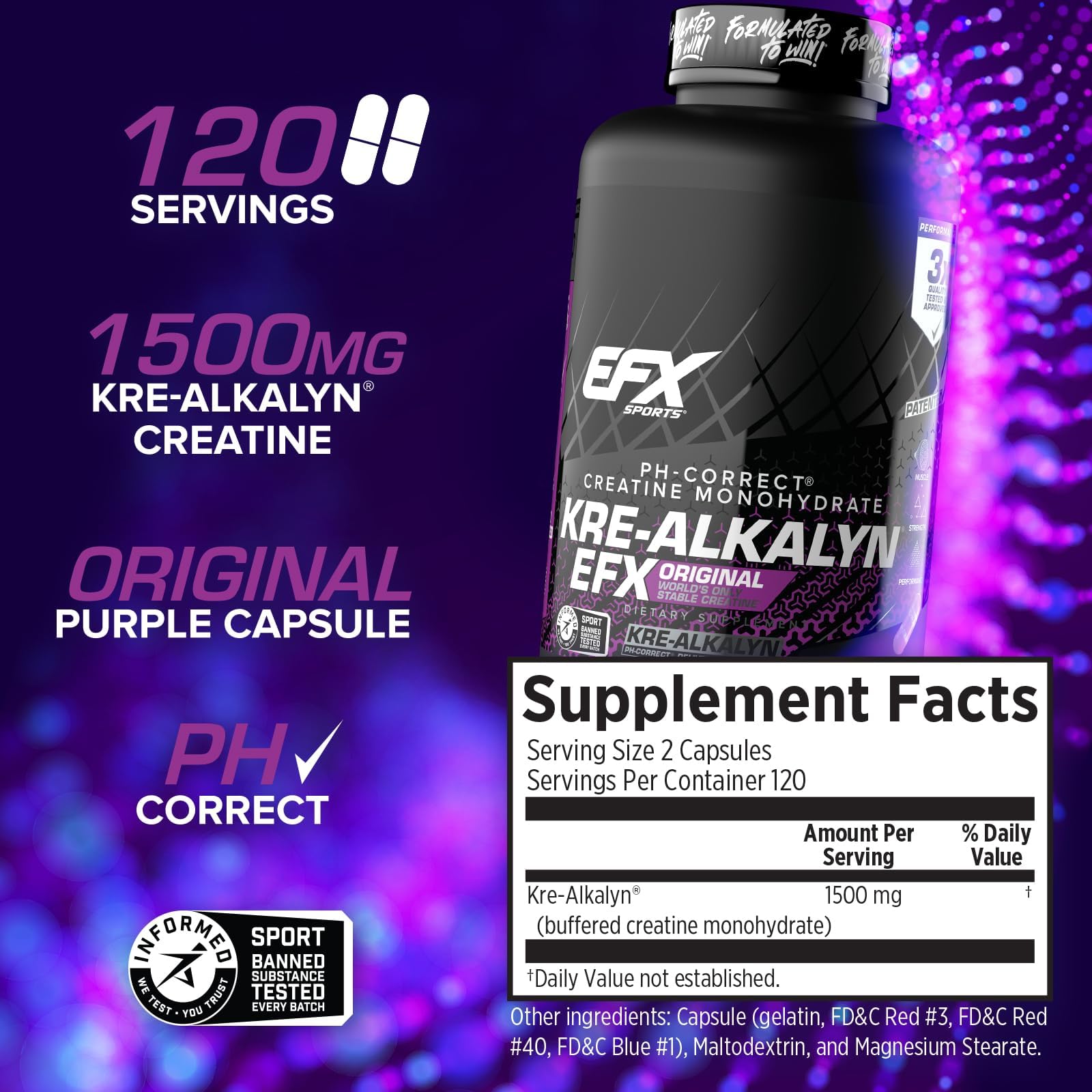 EFX Sports Kre Alkalyn Creatine Capsules with 1500mg per serving for optimal performance