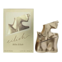 Cream perfume box and metallic-gold torso bottle, Billie Eilish Eilish Eau de Parfum