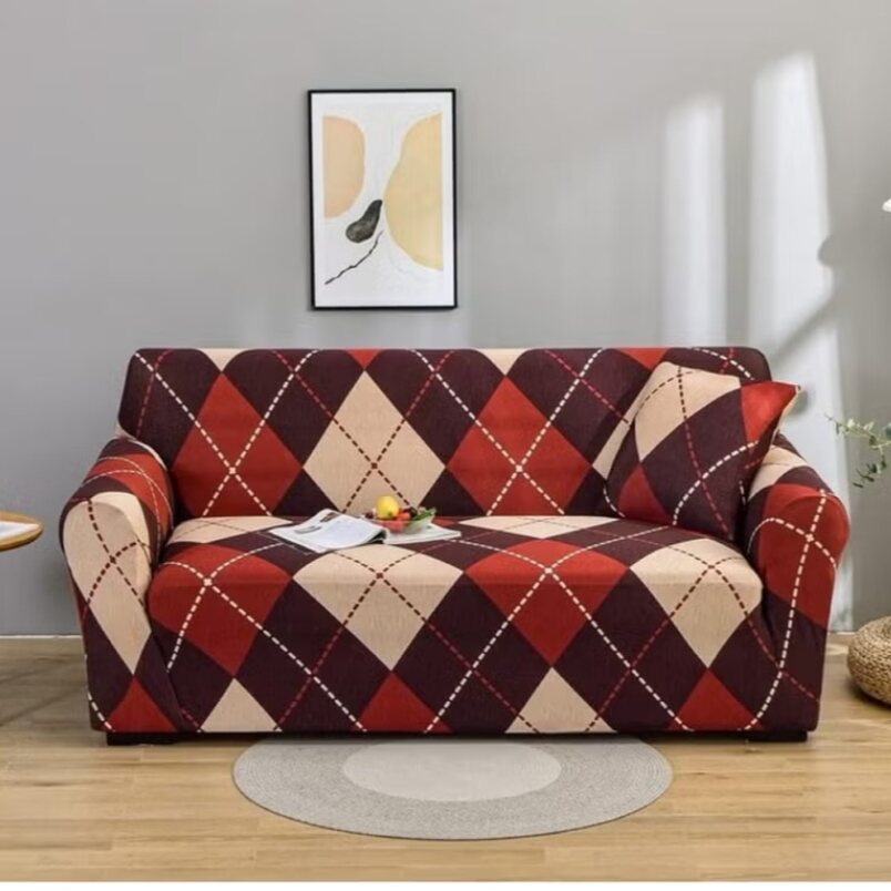 Huitich elastic sofa cover double seat in red and beige argyle pattern fitted on a two-seater sofa