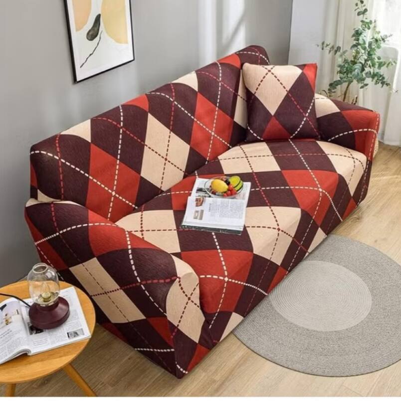 Huitich elastic sofa cover double seat in red and beige argyle pattern with matching pillow