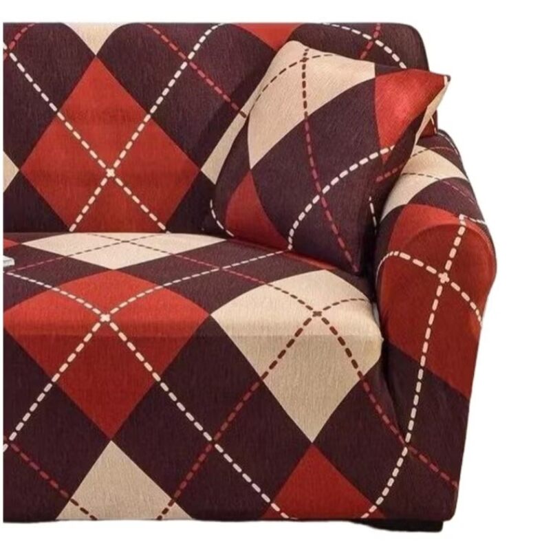 Huitich elastic sofa cover single seat with red beige and brown diamond pattern slipcover