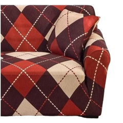 Huitich elastic sofa cover single seat with red beige and brown diamond pattern slipcover