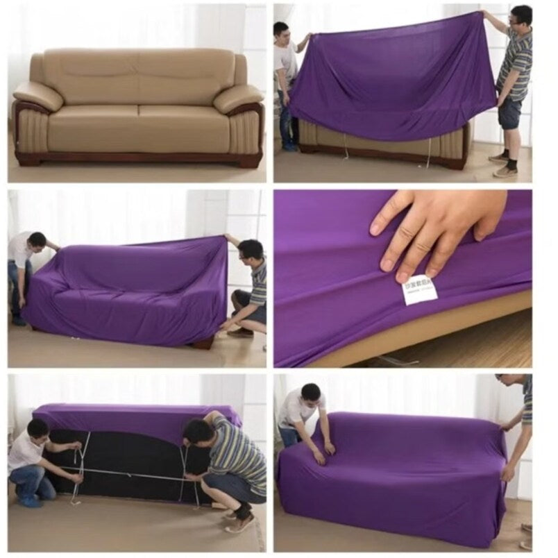 Huitich elastic sofa slipcover for armchair in purple being installed on beige sofa for protection and style