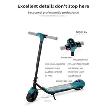 Teal and black electric scooter with handlebar display and finger brake
