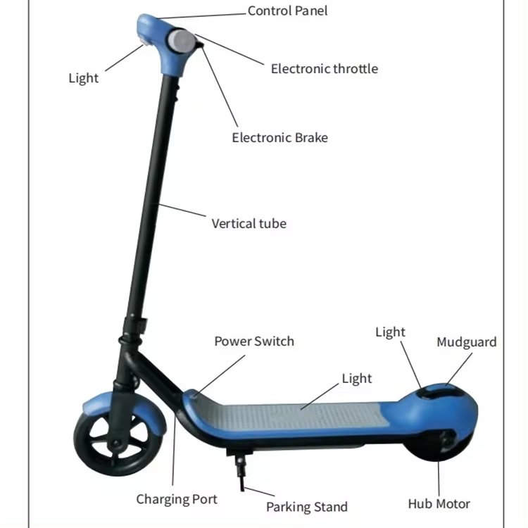 Huitich 24V electric scooter with brake in blue and black featuring control panel, lights, and hub motor