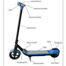 Blue electric scooter with control panel, electronic brake, and charging port