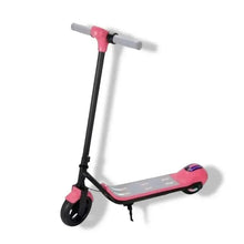 Pink and black electric scooter with front handle and kickstand