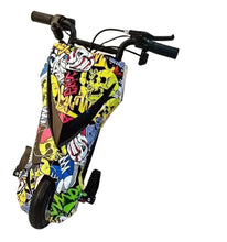 Kids 3-wheel drifting scooter with graffiti graphics, black handlebars, and front wheel