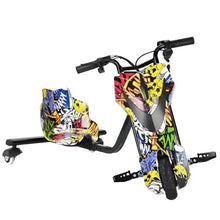 Kids 3-wheel electric ride-on drifting scooter with colorful graffiti body and dual wheel deck