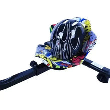 Kids 3-wheel electric scooter with blue helmet-style front fairing and colorful side panels