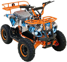 Orange electric quad bike with front basket and headlight, blue camo body wrap