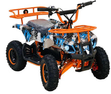 Orange electric quad bike with front and rear racks, black tires, and blue camo cover
