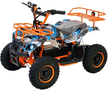 Orange electric quad bike with headlight, black tires, and blue camo seat cover
