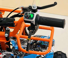 Orange electric bike handlebar control display with black grips