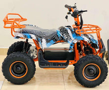 Orange electric quad bike side view with front basket, blue camo cover, and chunky tires