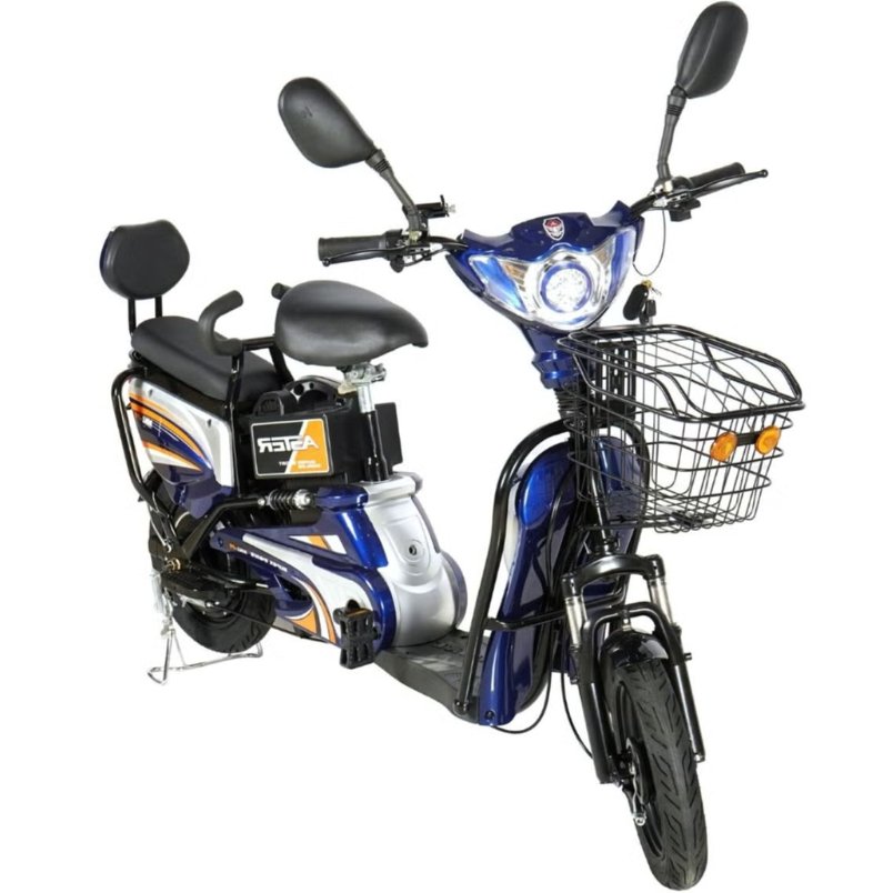 Huitich electric bike with grocery basket in blue featuring comfortable seats and rearview mirrors
