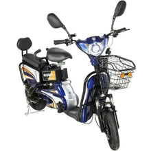 Blue electric bicycle with front headlight and wire grocery basket, dual cushioned seats
