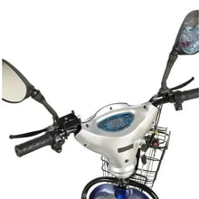 White and blue electric bike handlebar with display, headlight, and wire basket