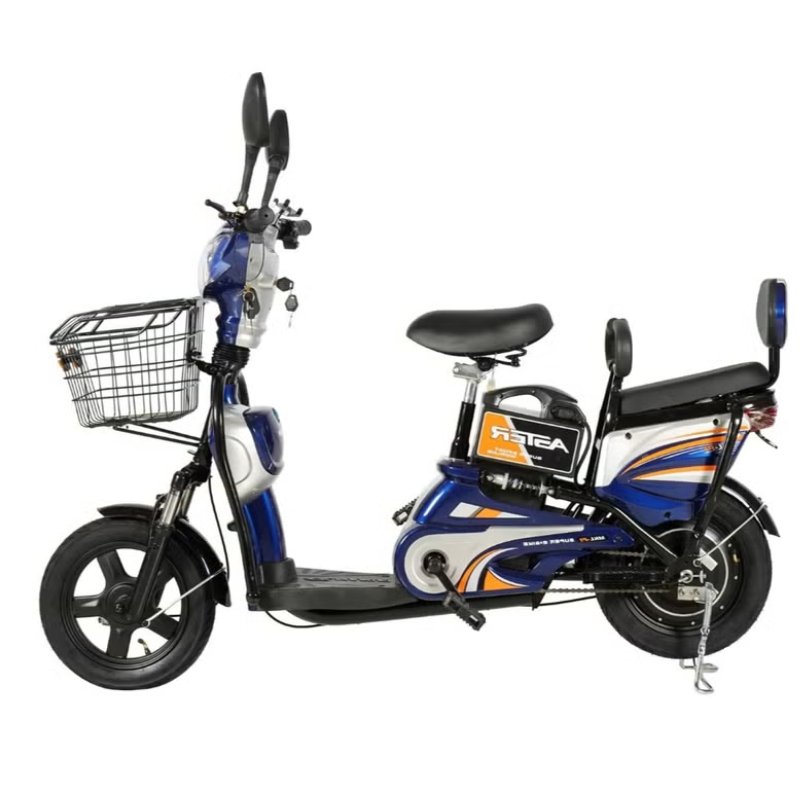 Huitich electric bike with grocery basket in blue and black with rear seat and front storage basket