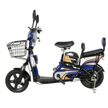 Blue electric bicycle scooter with wire front basket and padded seat