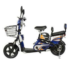 Huitich electric bike with grocery basket in blue and black with rear seat and front storage basket
