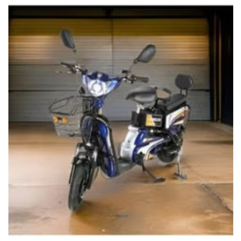 Winner sky electric blue kids bike 14 inch scooter with front basket and rear seat in garage