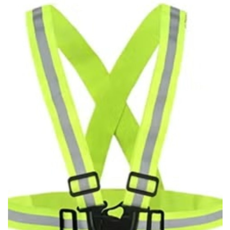 Safety reflective harness belt with bright yellow straps for kids riding electric blue kids bike 14 inch