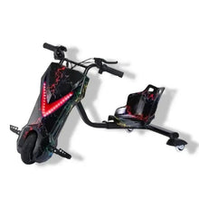 Electric drift scooter from side view with red LED triangle lights and rear caster wheels